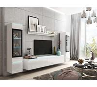 MINIO go for it - Ensemble D'éléments Muraux 4 Pièces Veve 2 I Suspendu Ou Debout I 2X Armoire Haute Vitrine I Lowboard I Panneau Mural I Éclairage LED I Blanc/Blanc Brillant