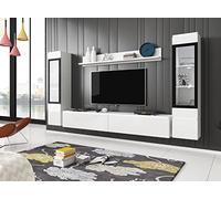 MINIO go for it - Ensemble D'éléments Muraux 4 Pièces Veve 2 I Suspendu Ou Debout I 2X Armoire Haute Vitrine I Lowboard I Panneau Mural I sans Éclairage I Blanc/Blanc Brillant