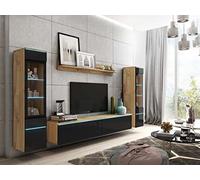 MINIO go for it - Ensemble D'éléments Muraux 4 Pièces Veve 2 I Suspendu Ou Debout I 2X Armoire Haute Vitrine I Lowboard I Panneau Mural I sans Éclairage I Chêne Wotan/Noir Brillant