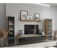 MINIO go for it - Ensemble D'éléments Muraux 4 Pièces Veve 2 I Suspendu Ou Debout I 2X Armoire Haute Vitrine I Lowboard I Panneau Mural I Éclairage LED I Chêne Wotan/Noir Brillant