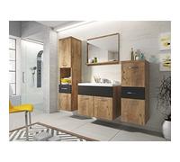 MINIO go for it - Ensemble Meubles de Salle de Bain 4 Pièces Alo, 2X Armoire Salle de Bain, 1x Miroir Salle de Bain avec Étagère, 1x Meuble avec Lavabo - Châtaignier de Wroclaw/Noir Graphite