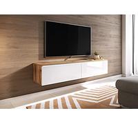 MINIO go for it - Lowboard TV Donna, 140 cm, Debout ou Suspendu, Meuble Salon, Panneaux de Particules stratifiés, Chêne Wotan/Blanc Brillant, sans Éclairage LED