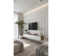 MINIO go for it - Lowboard TV Donna, 180 cm, Debout ou Suspendu, Meuble Salon, Panneaux de Particules stratifiés, Chêne Wotan/Blanc Brillant, avec Éclairage LED