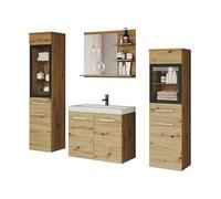 MINIO go for it - Meuble de Salle de Bain 4 pièces Marit I Meubles Suspendus Moyen et Grand avec éclairage LED I Miroir avec étagère I Armoire avec lavabo I Plaque de Serrage laminée I Chêne Artisan