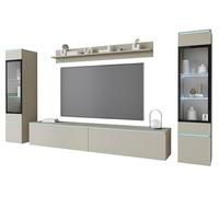 MINIO go for it - Meuble Mural de Salon Veve 2, à Poser ou à Fixer au Mur, Ensemble 4 pièces Comprenant vitrine, Meuble Bas et étagère Murale, avec éclairage LED, Coloris : Beige Cachemire