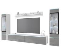 MINIO go for it - Meuble Mural de Salon Veve 2, Ensemble de 4 pièces Comprenant vitrine, Meuble Bas et étagère Murale, avec éclairage LED, Coloris: Blanc Mat/Gris Brillant