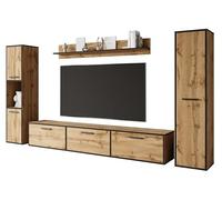 MINIO go for it - Meuble-Paroi 4 Éléments Toga, 1x Meuble TV, 2X Armoire Haute, 1x Tablette Murale - Chêne Wotan/Noir Couleur