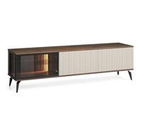 MINIO go for it - Meuble TV avec Porte vitrée Ventura, Meuble Bas de Salon, Largeur 180 cm, Couleur Noyer Warmia/Cachemire/Verre antisol, avec éclairage LED