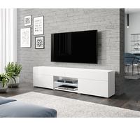 MINIO go for it - Meuble TV Care, Largeur 180cm, Table télé pour la Chambre, Autoportante, avec Deux tiroirs, Deux niches et Deux Portes, Blanc/Blanc Brillant - avec LED