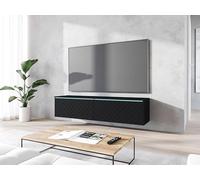 MINIO go for it - Meuble TV Donna, Largeur 140 cm, Lowboard TV, Debout ou Suspendu, Meuble Salon, Panneaux de Particules stratifiés, Style Moderne, Noir/Motif Herringbone - sans Éclairage LED