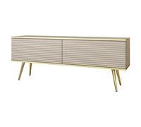MINIO go for it - Meuble TV ORO 135 cm, lowboard, Mural ou à Poser, avec Pieds dorés, Chant doré, Panneau stratifié, façades en MDF, Lattes Horizontales 3D, Couleur : Beige Mat