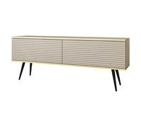 MINIO go for it - Meuble TV ORO 135 cm, lowboard, Mural ou à Poser, avec Pieds Noirs, Chant doré, Panneau stratifié, façades en MDF, Lattes Horizontales 3D, Couleur : Beige Mat