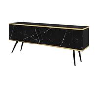 MINIO go for it - Meuble TV ORO 135 cm, lowboard, Suspendu ou à Poser, avec Pieds Noirs, Bord doré, Plateau en stratifié, Couleur : marbre Noir