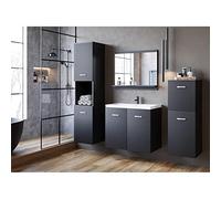 MINIO go for it - Meubles de Salle de Bain Ensemble 4 Pièces Molo, 2x Armoire Murale Salle de Bain, 1x Miroir Salle de Bain avec Étagère, 1x Meuble avec Lavabo, Meuble de Salle de Bain - Noir Graphite