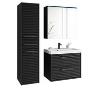 MINIO go for it - Meubles De Salle de Bain LED 3 Pièces Yuko 1, Armoire Murale, Miroir Salle de Bain, Armoire Rangement avec Lavabo - Panneau De Particules Stratifié, Noir/Noir Graphite MDF Ondulé