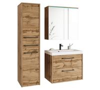 MINIO go for it - Meubles De Salle de Bain LED 3 Pièces Yuko 1, Armoire Murale, Miroir Salle de Bain, Armoire avec Lavabo - Panneau Particules Stratifié, Chêne Wotan/Chêne Wotan MDF Ondulé