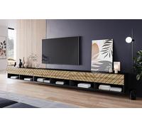 MINIO go for it - TV Lowboard Anne, 300x30x33 cm, avec Portes en MDF et niches Ouvertes, avec ou sans éclairage LED, Noir Mat/chêne Wotan, avec LED