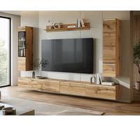 MINIO go for it - Veve XL Meuble Mural, à Poser ou à Fixer au Mur, Ensemble de 4 pièces : vitrine, Meuble Bas, étagère Murale, Coloris : chêne Wotan, avec éclairage LED.