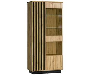 MINIO go for it - Vitrine Lamia 3, 90x193,6x40 cm, Vitrines en Panneau Stratifié Massif, Etagères en Verre Trempé, Lattes Modernes, Chêne Wotan/Couleur Noir Mat