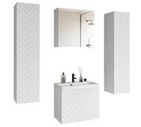 MINIO - Meuble de Salle de Bain Nando, Ensemble 4 Pièces, Lavabo avec Armoire Salle de Bain et Colonne Salle de Bain - Design Moderne, Façades en MDF, Motif Herringbone, Couleur Blanc