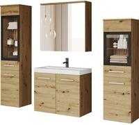 Minio, Meuble de salle de bains "MARIT II", Ensemble de salle de bains 4 pièces avec éclairage LED, lavabo et miroir inclus, couleur chêne Artisan