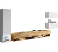 Minio, Meuble-paroi "AMY", 4 pièces, suspendu, avec éclairage LED, chêne wotan / blanc mat / blanc brillant