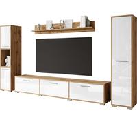 Minio, Meuble-paroi "Toga", 4 éléments, salon, Chêne Wotan / Couleur blanc brillant