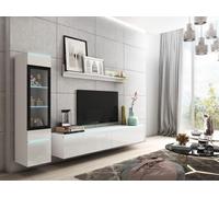 Minio, Meuble-paroi "VEVE 1", avec éclairage LED, suspendu, debout, 3 éléments, blanc mat / blanc brillant