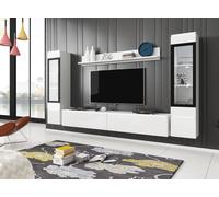 Minio, Meuble-paroi "VEVE 2", 4 pièces, avec éclairage LED, suspendu, debout, salon, Blanc mat / Blanc brillant couleur