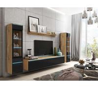 Minio, Meuble-paroi "VEVE 2", avec éclairage LED, suspendu, debout, 4 pièces, chêne wotan/noir couleur