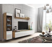 Minio, Meuble-paroi "VEVE I", 3 éléments, avec éclairage LED, salon, suspendu, debout, Chêne Wotan / Couleur blanche