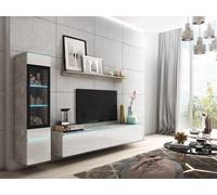 Minio, Meuble-paroi, "VEVE1", 3-pièces, avec éclairage LED, salon, suspendu, debout, béton / blanc couleur