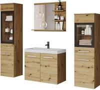 Minio, meubles de salle de bain "MARIT I", ensemble de 4 pièces avec éclairage LED, lavabo et miroir inclus, couleur chêne Artisan