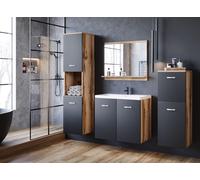 Minio, meubles de salle de bains 4 pièces "MOLO", avec lavabo, couleur chêne Wotan / noir graphite