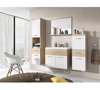 Minio, Salle de bain, Ensemble de meubles de salle de bain 4 pièces "ALO", avec lavabo, blanc brillant / couleur chêne Sonoma