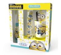 Minions Kit de soins bucco-dentaires LED pour enfants contenant une brosse à dents électrique alimentée par piles avec poils doux, un dentifrice menthe, un gobelet multi-usages et une base avec tour