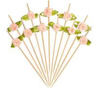 Minisland Pink Rose Flower Cocktail Picks, 4,7 Pouces de Long Bambou Fancy Downpricks pour Les Amuse-Gueules, Douche de Douche décorative Mariage Saint Valentin Boissons Alimentaires Boissons Fruit