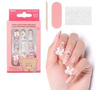 MINISO Mikko - Lot de 24 faux ongles à coller - Motif dessin animé - Avec nœud et strass - Avec colle gel - Pour femme et fille