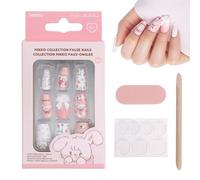 MINISO Mikko Lot de 24 faux ongles réutilisables à bout français avec adhésif en gel, couverture complète, pour filles et femmes