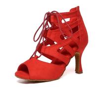 MINITOO Chaussures de danse standard latine pour femme - Lacets à lacets - Pour club de ballroom, L609 Rouge 8 Talon 5 cm, 39 EU