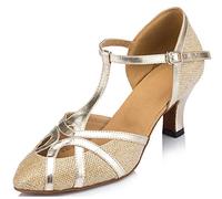 MINITOO Femme Danse Chaussure Ferme Cabaret Fete Soiree Escarpins et Talons Bas L2045 Or 7cm Talon EU 39