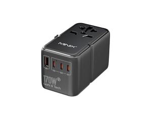 MINIX 170W Universal Travel Adapter,GaN III Travel Adapter with 3 USB-C & 1 USB-A Ports, International Power Adapter, AC Outlet,Compatible with US/UK/EU/AU for Laptops, Tablets, Phones, Cameras