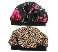 minkissy 2pièces Bonnet Satin Large Bord Élastique Pour Dormir Bain Cuisine Cheveux Bouclés Femmes Noir Léopard