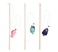 minkissy 3 Pièces Chaton de Poisson, Bâton en Bois, Sonore | Peluche et Bois, Clochette Incluse, Style Mixte, pour Chatons et Chats, Résistance Morsure et Griffes Couleur Aléatoire