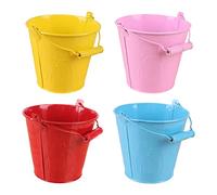 minkissy 4 Pièces Seau à Sable Poignée Bois pour Garçon et Filles en Tôle | Lot de Quatre, Usage Plage et Jardin, Format Léger, Favorise Coordination et Gestes Manuels