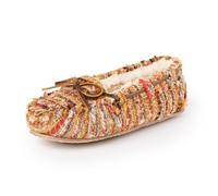 Minnetonka Chaussons mocassins Cally pour femme fabriqués à la main en daim doux, tissu imprimé, semelle en caoutchouc fin et doublure en poils, Brun/multicolore, 38 EU
