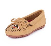 Minnetonka Women s Thunderbird Animikii Hardsole Moccasins for Women with a Classic Leather Moccasin Silhouette, Cushioned Footbed, and Beaded Moccasin Design, Taupe, Size 8.5