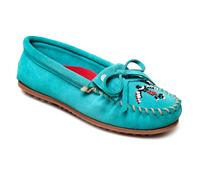 Minnetonka Women s Thunderbird Animikii Hardsole Moccasins for Women with a Classic Leather Moccasin Silhouette, Cushioned Footbed, and Beaded Moccasin Design, Turquoise, Size 6