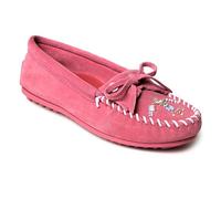 Minnetonka Women s Thunderbird Animikii Hardsole Moccasins for Women with a Classic Leather Moccasin Silhouette, Cushioned Footbed, and Beaded Moccasin Design, Pink, Size 6
