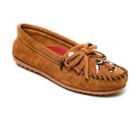 Minnetonka Women s Thunderbird Animikii Hardsole Moccasins for Women with a Classic Leather Moccasin Silhouette, Cushioned Footbed, and Beaded Moccasin Design, Brown, Size 7.5